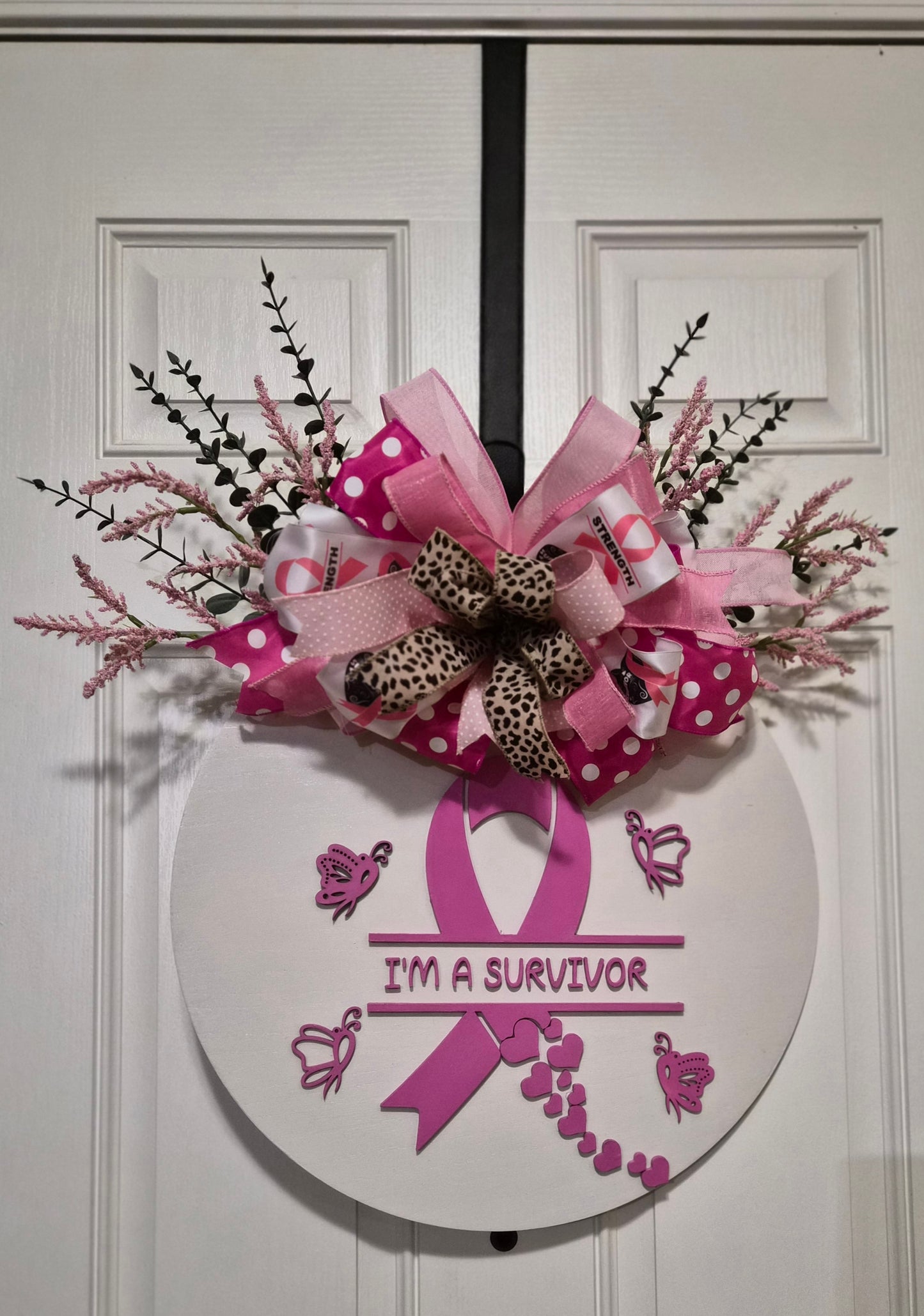 I’m a Survivor Door Hanger – Pink Awareness Ribbon with Bold Bow