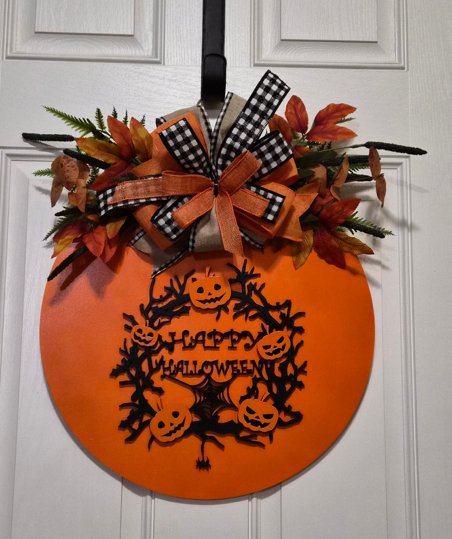Happy Halloween Door Hanger – Jack-o'-Lantern Wreath with Gingham Bow