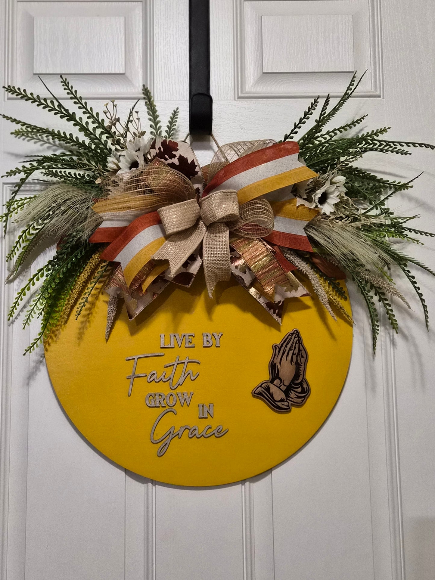 Live by Faith, Grow in Grace Door Hanger – Wooden Décor with Metallic Lettering
