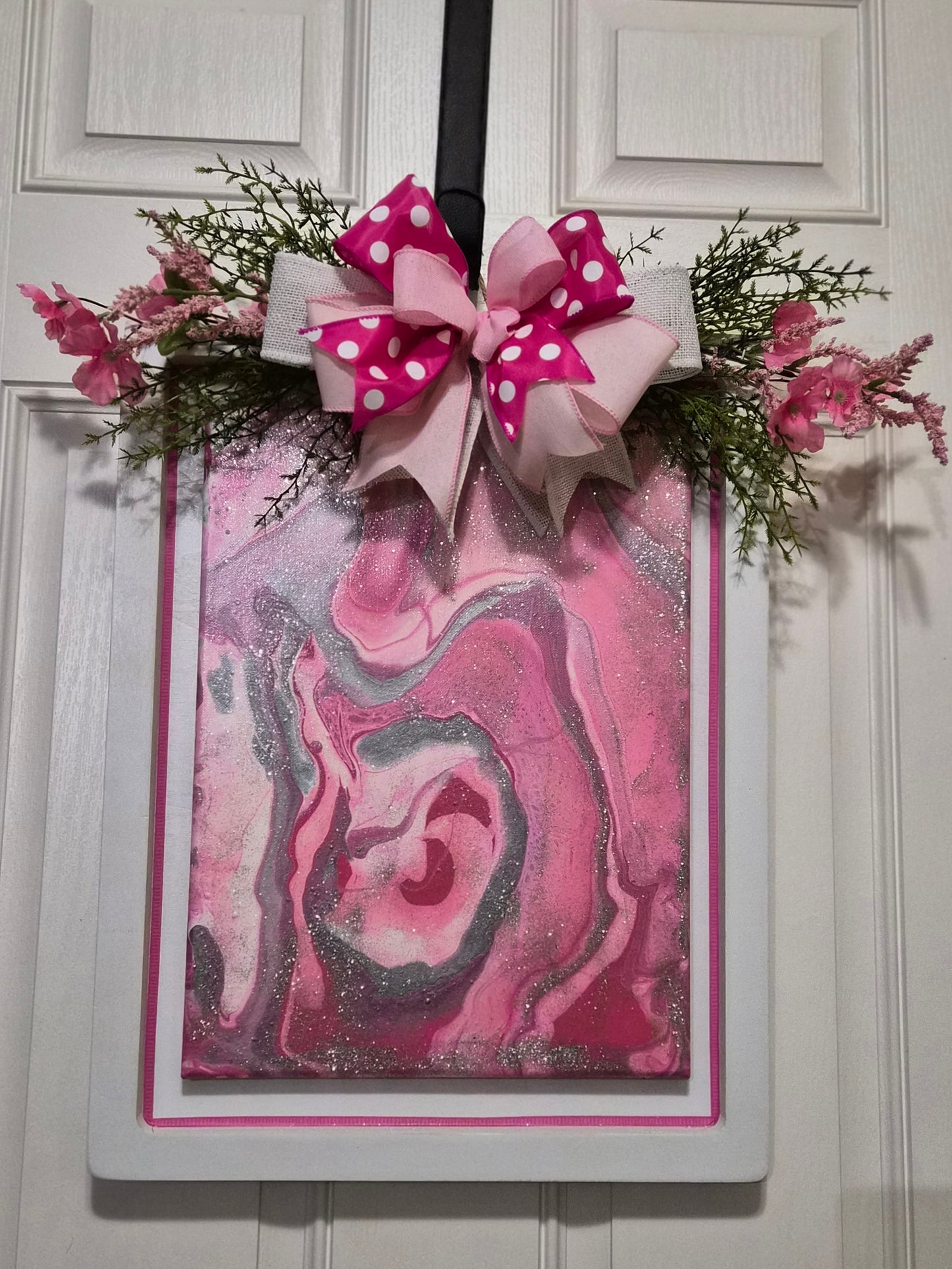 Framed Canvas Wall Décor – Pink Swirl Art with Bow & Floral Accent