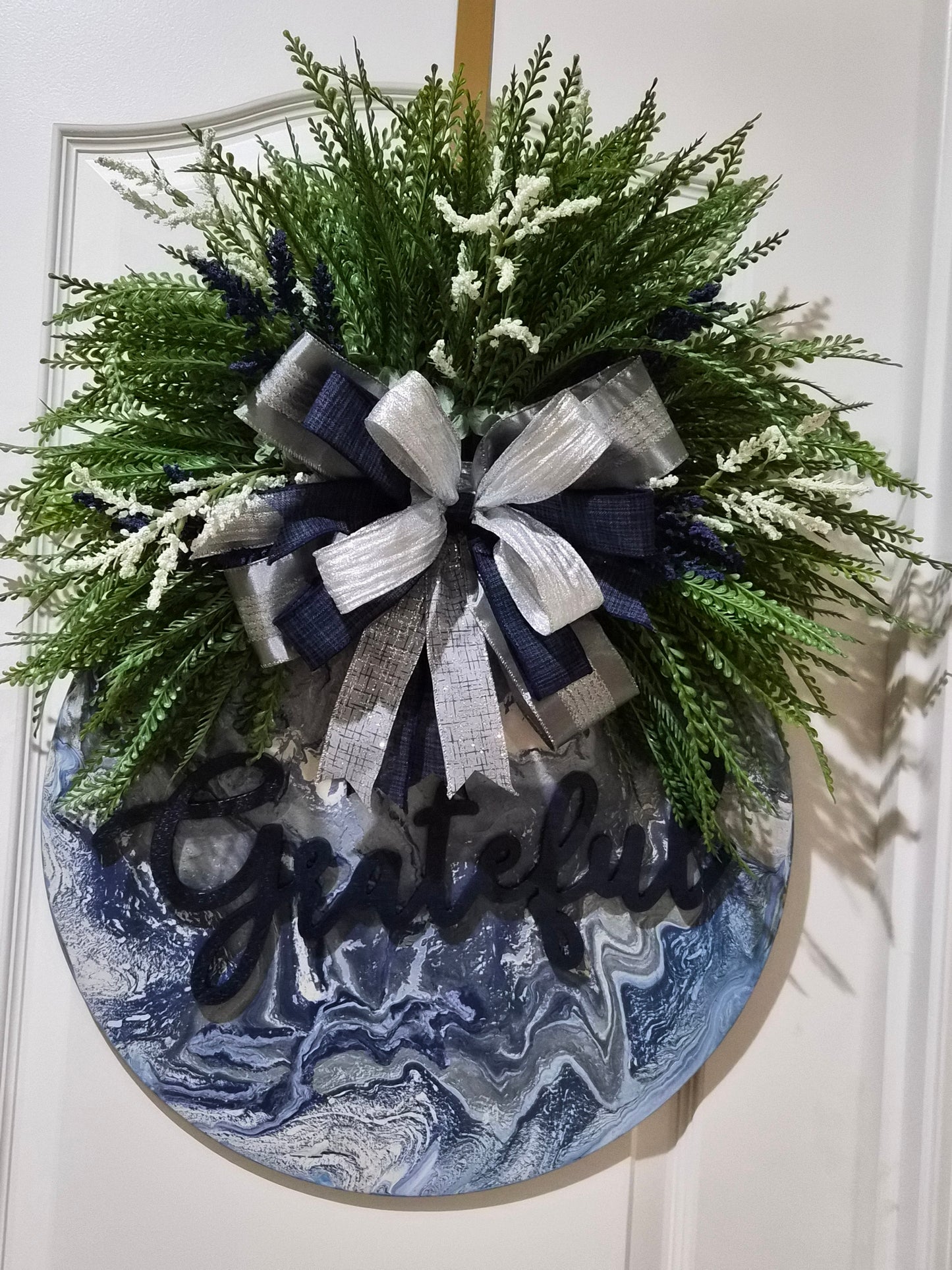 Grateful Door Hanger – Navy, Silver & Greenery Accent