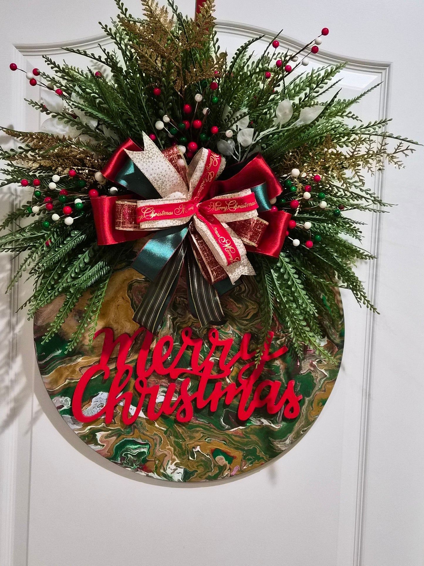 Merry Christmas Door Hanger – Holiday Greens & Ribbon Accent