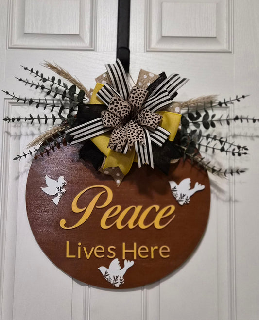 Peace Lives Here Door Hanger – Wood Decor with Doves & Bold Bow