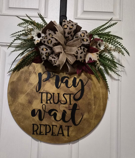 Pray. Trust. Wait. Repeat. Door Hanger – Gold Round with Leopard Bow & Florals