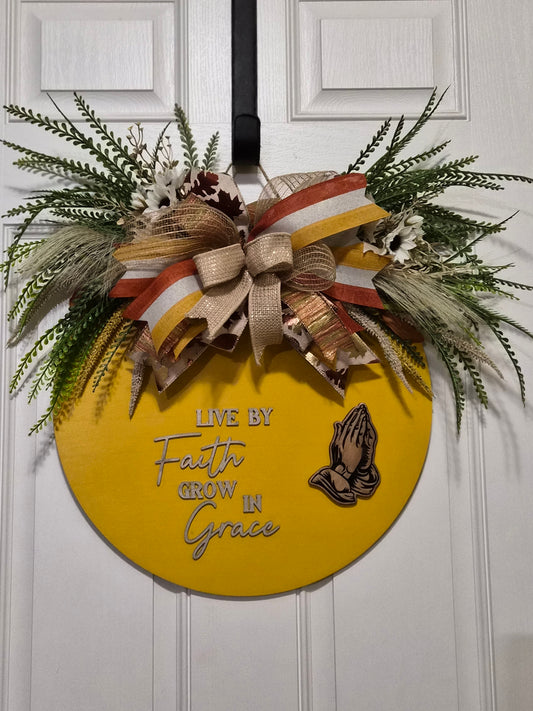 Live by Faith, Grow in Grace Door Hanger – Wooden Décor with Metallic Lettering