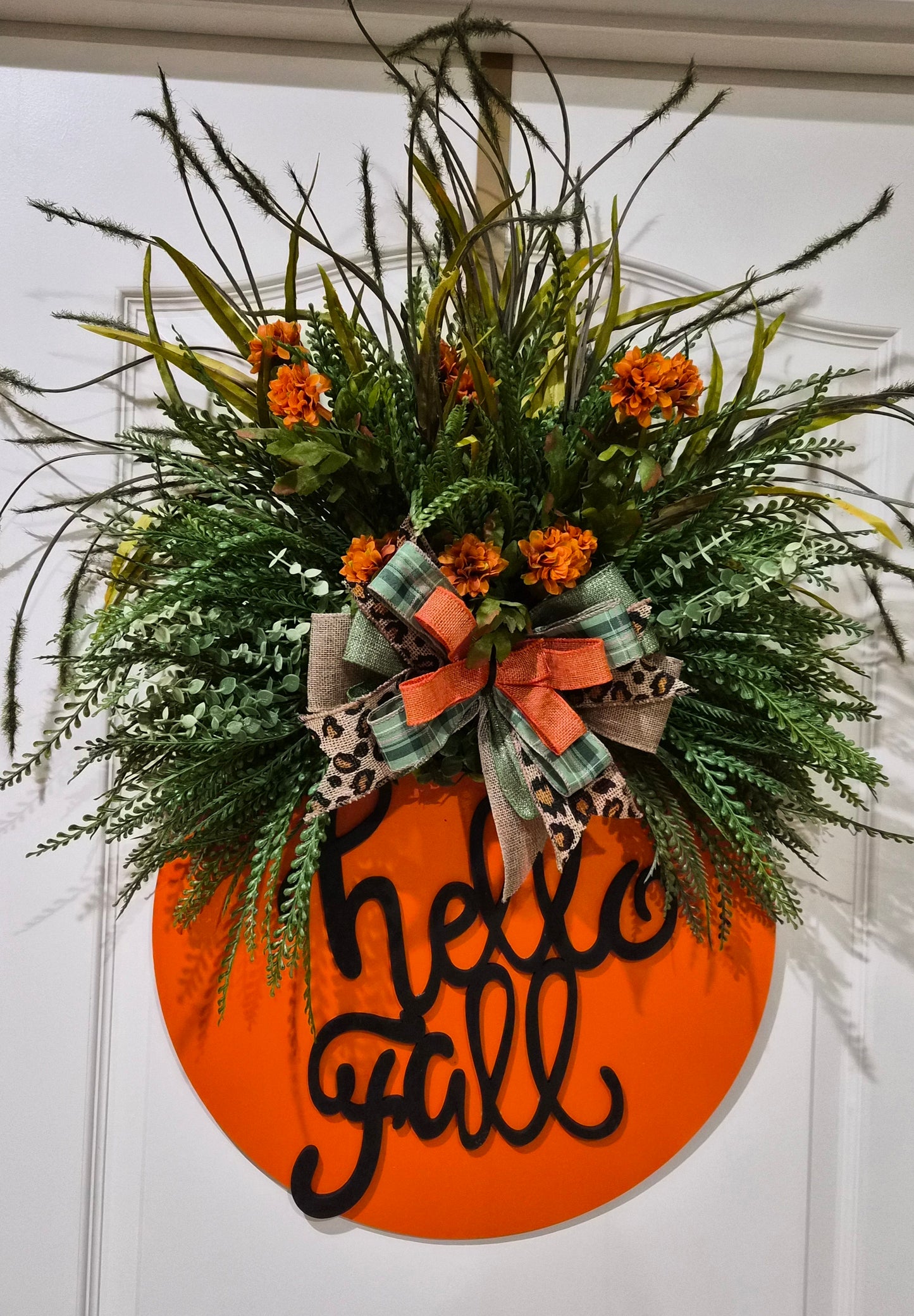 Hello Fall Door Hanger – Autumn Greenery & Plaid Bow