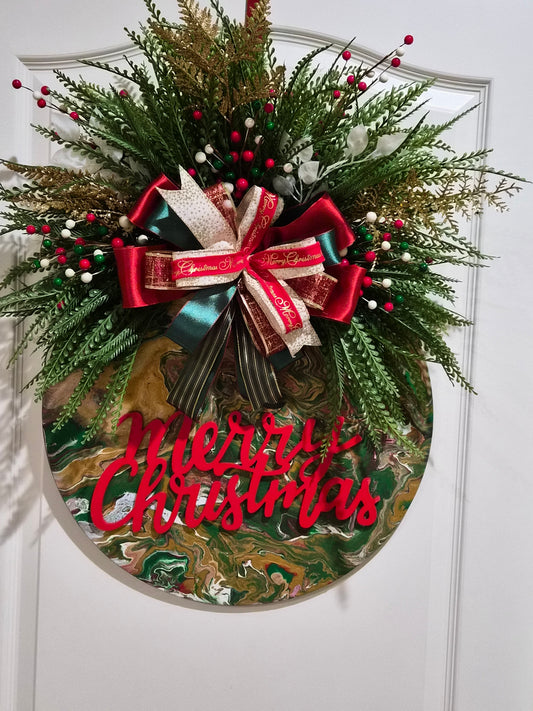 Merry Christmas Door Hanger – Holiday Greens & Ribbon Accent